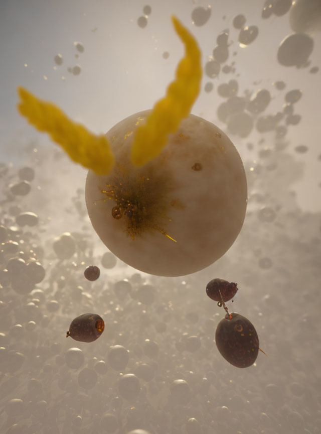 Golden-winged orb surrounded by dark orbs in hazy golden light