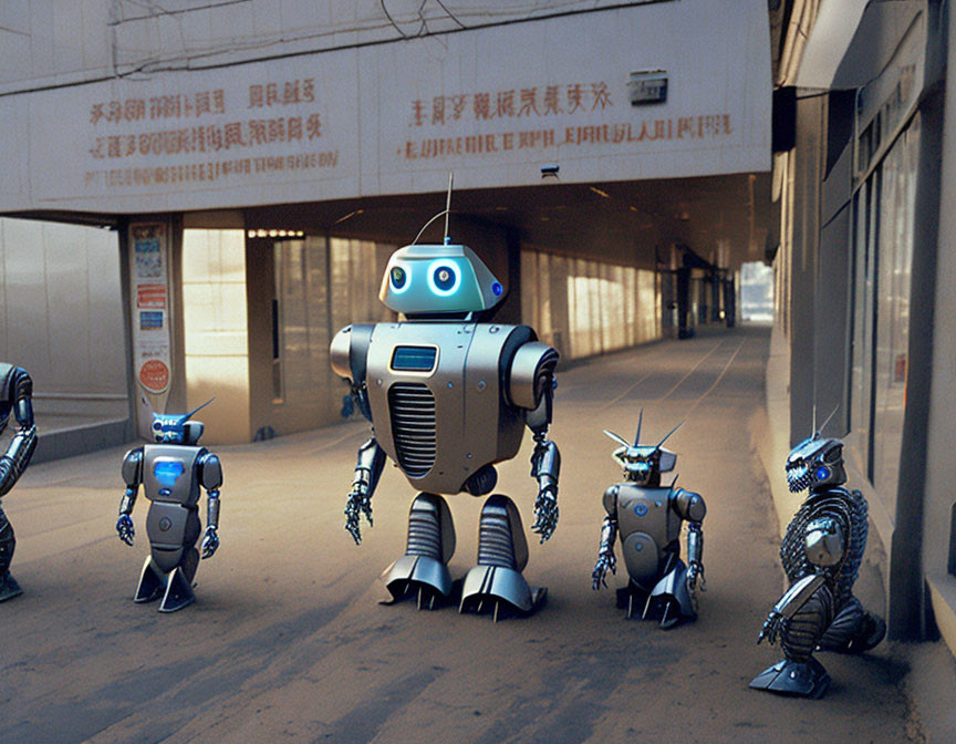 Various sized computer-generated robotic characters in urban underpass with Chinese signage