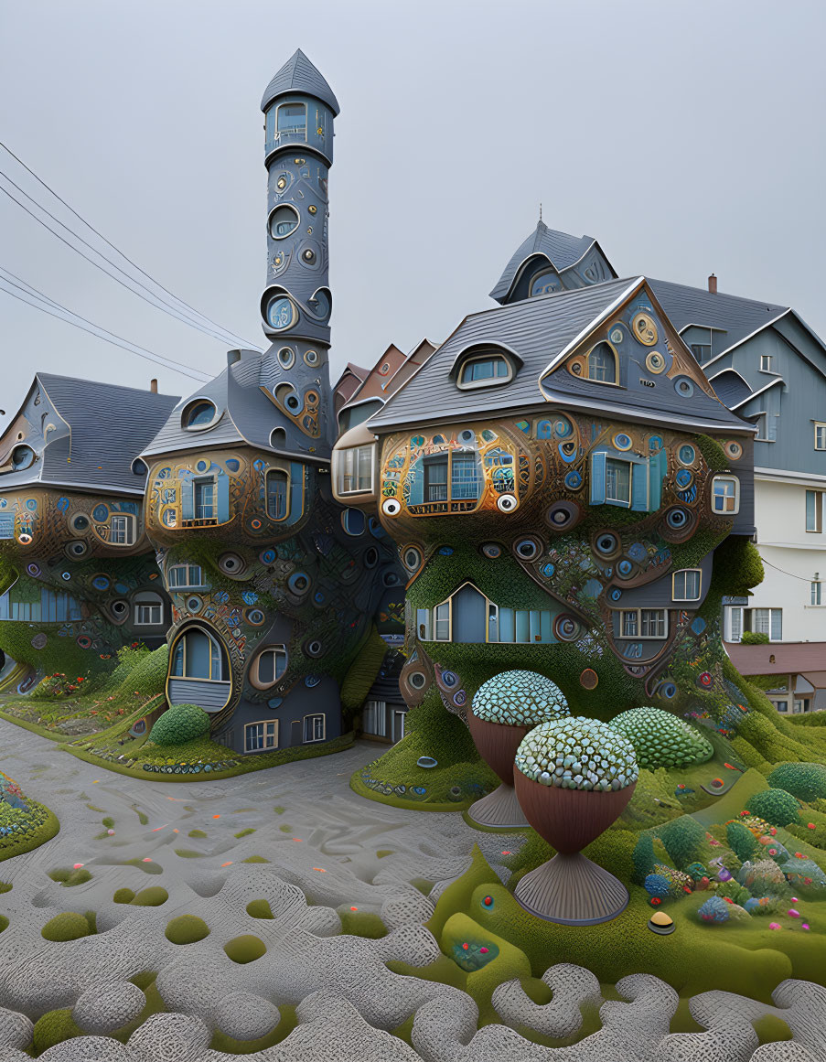 Colorful whimsical buildings with circular windows and unique spherical trees in stylized greenery