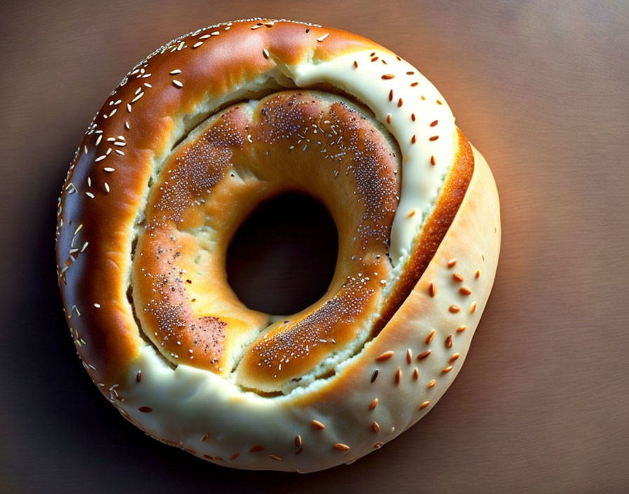 Golden-brown sesame seed bagel on wooden surface