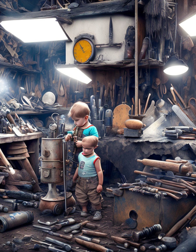 Toddler in suspenders explores cluttered workshop with woodworking tools