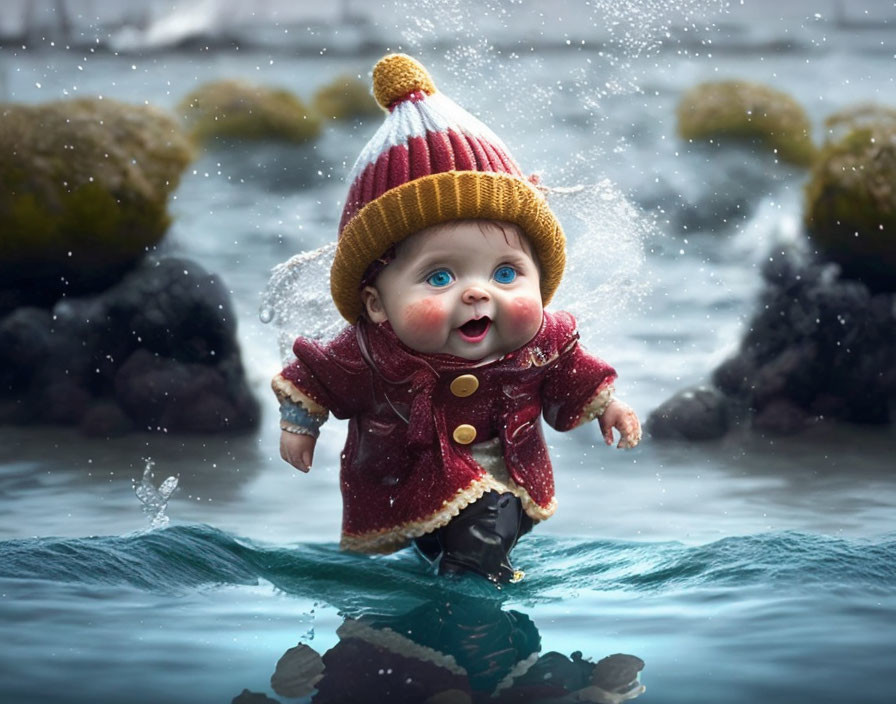 Blue-eyed baby in striped hat and coat splashing in water