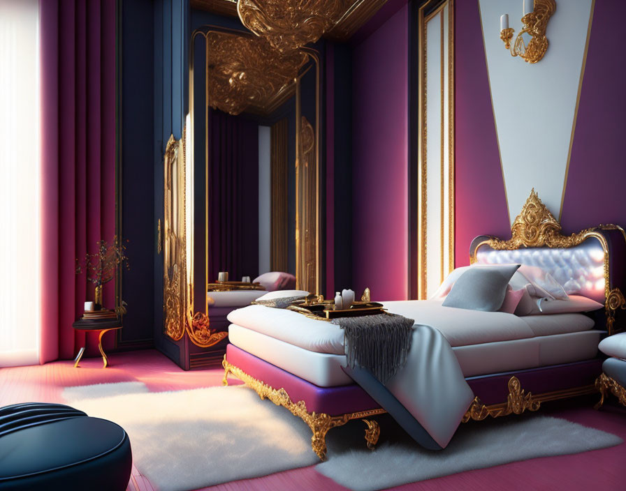 Luxurious Bedroom Decor with Purple Theme & Golden Accents