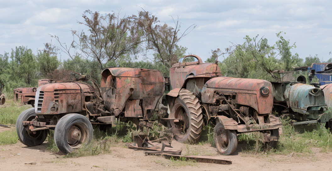 Abandoned rusty tractors in overgrown field under cloudy sky