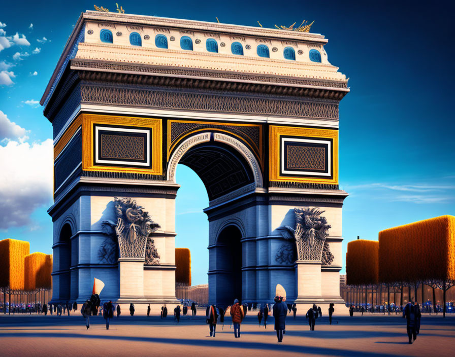 Iconic Arc de Triomphe in Paris on a clear day with intricate sculptures and engravings