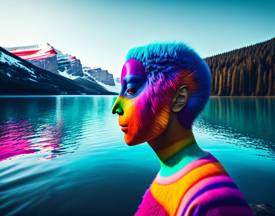 Rainbow body paint profile against mountain lake backdrop