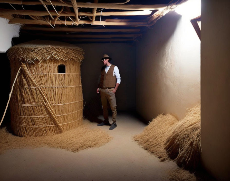 Man in hat and vest in rustic room with straw floor and thatched structure