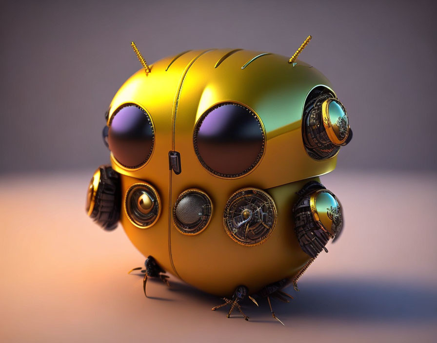 Whimsical robotic ladybug with camera eyes on soft purple background