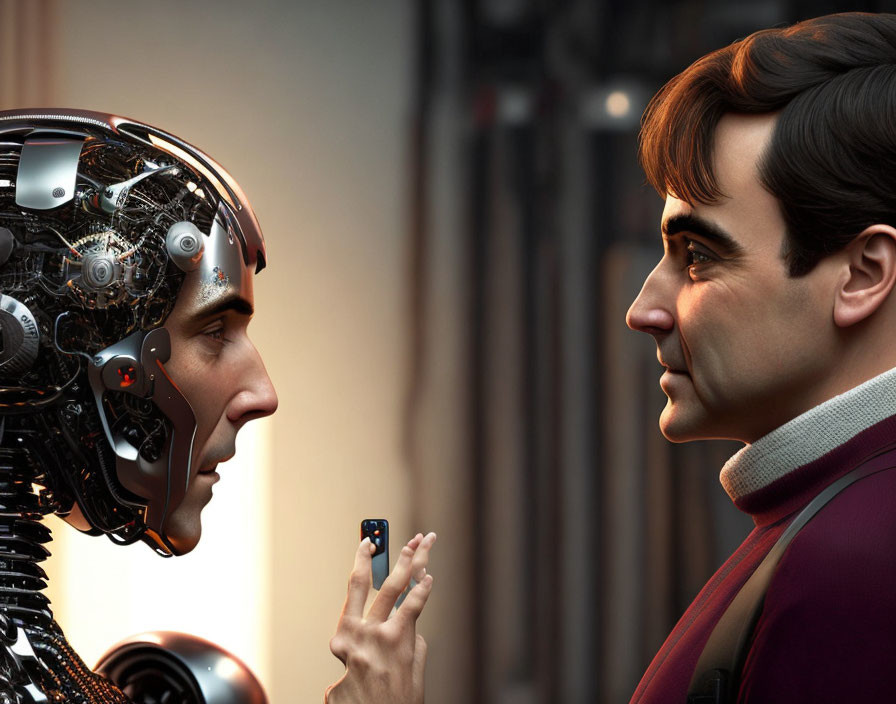 Robot with exposed mechanical brain faces man in red jacket