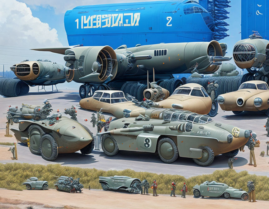 Futuristic airport scene with retro-futuristic vehicles and vintage attire.