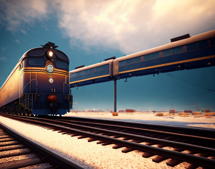 Classic train under bridge at dusk