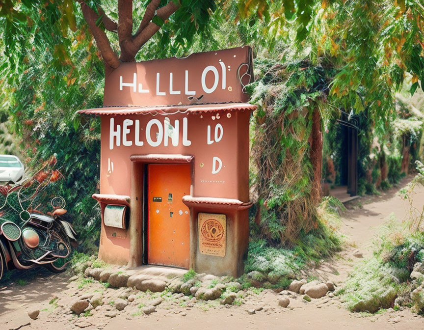 Quaint building with "Helloi" sign, surrounded by greenery and vintage motorcycle.