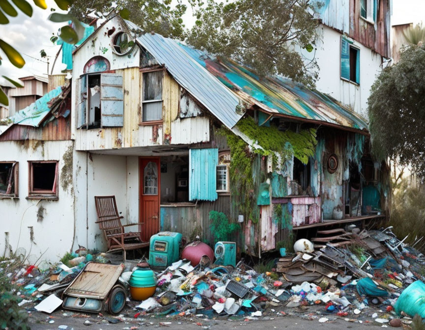 Decaying multi-story house with collapsing roof and scattered debris