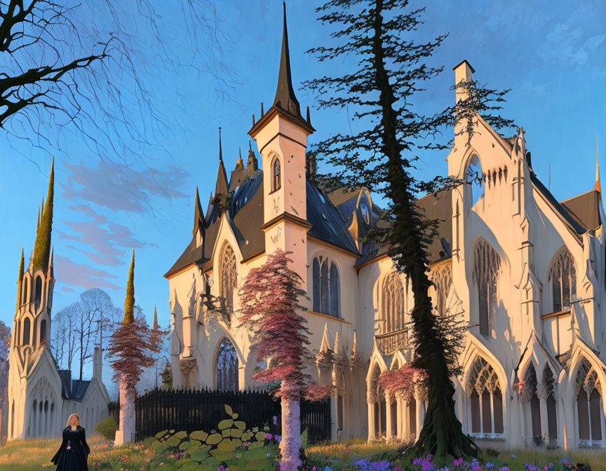 Gothic Cathedral with Blossoming Trees at Sunset