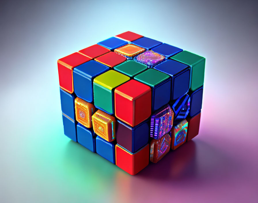 Colorful Rubik's Cube with illuminated circuit patterns on squares against gradient background