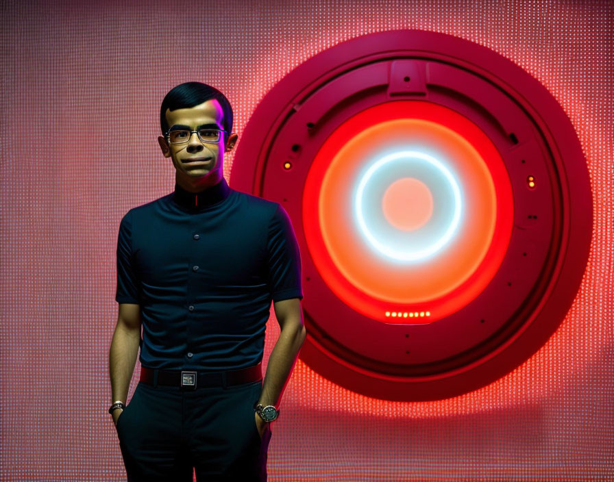 Man in Black Shirt Poses in Front of Circular Red Light Panel