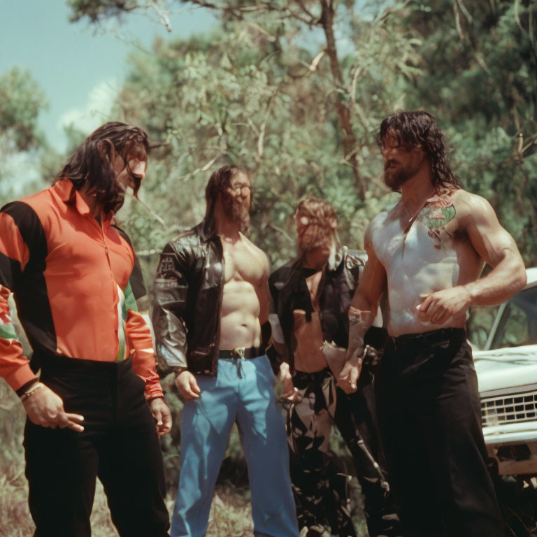 Four Men in Casual Outfits Talking Outdoors with Trees