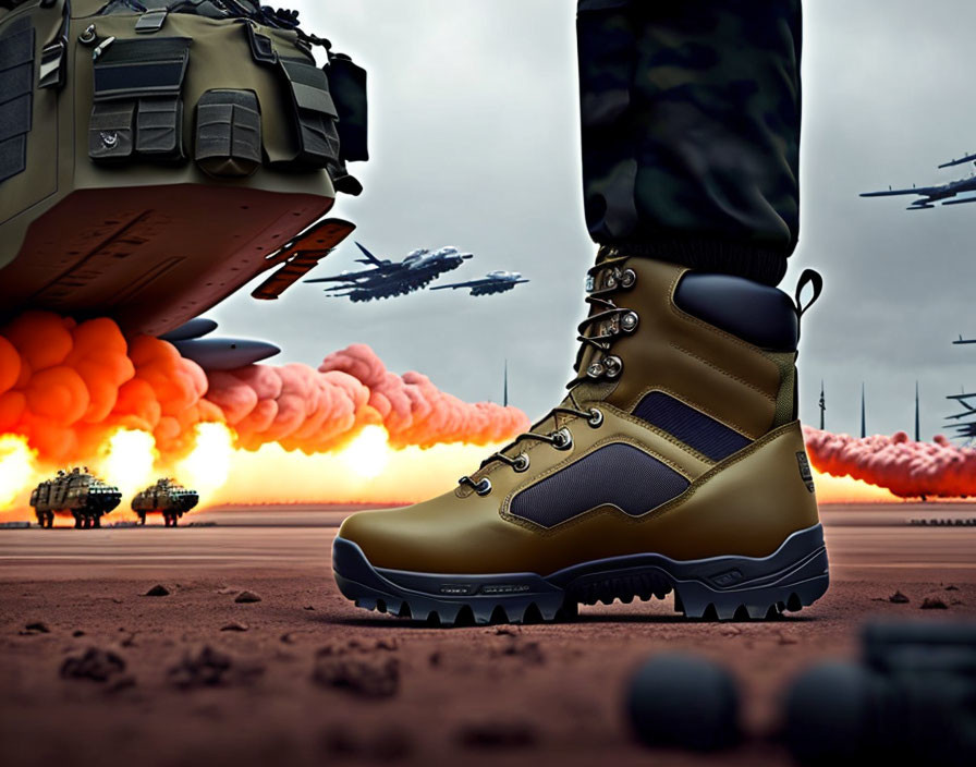 Military boot close-up with armored vehicles and fighter jets in explosive battlefield scene