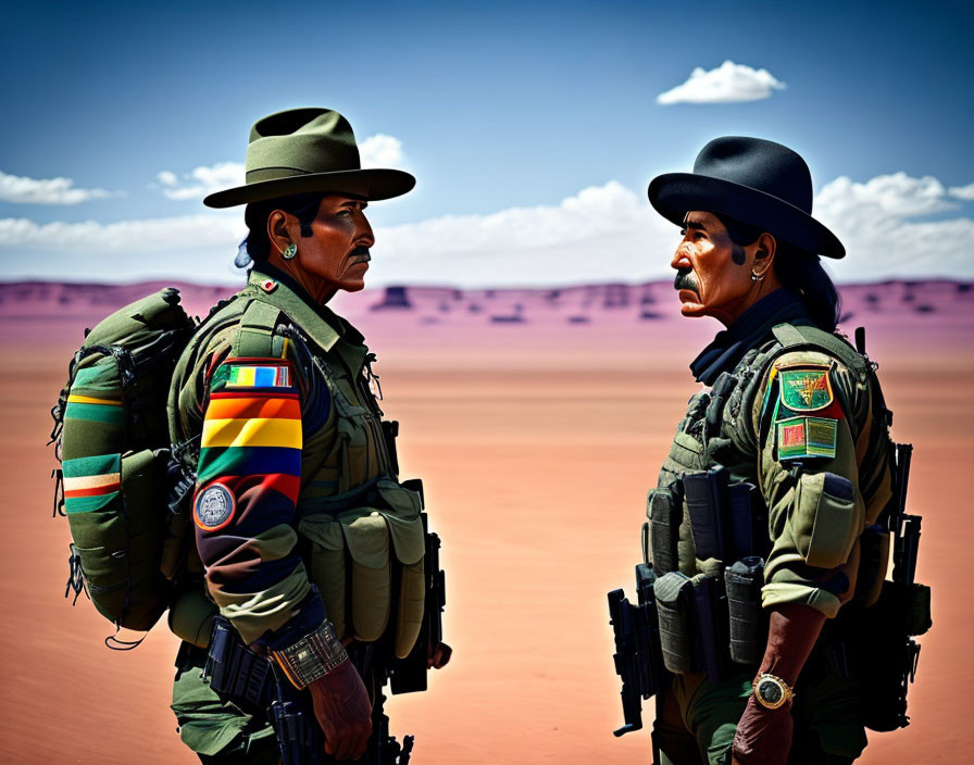 Military individuals in uniforms and berets facing off in desert landscape