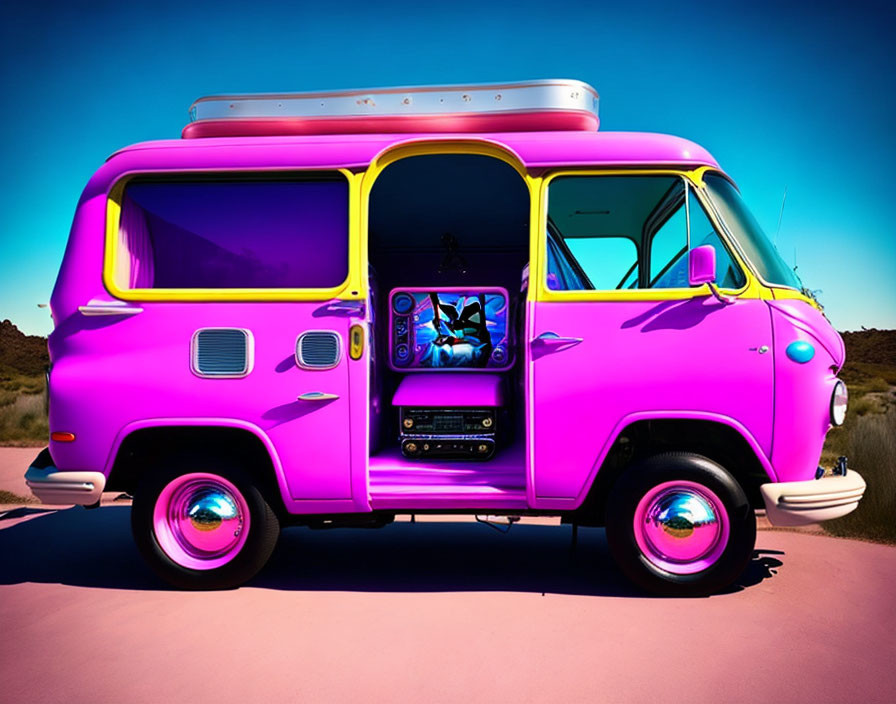 Bright Pink Vintage Van with Yellow Accents and Neon Underglow