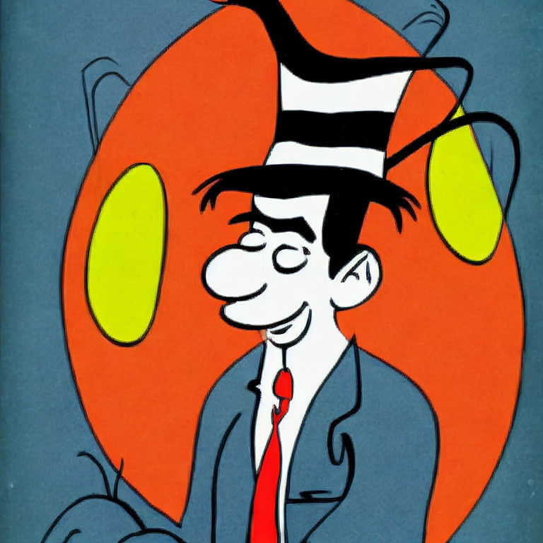 Smiling man cartoon with tall hat, red tie, orange background, yellow ovals