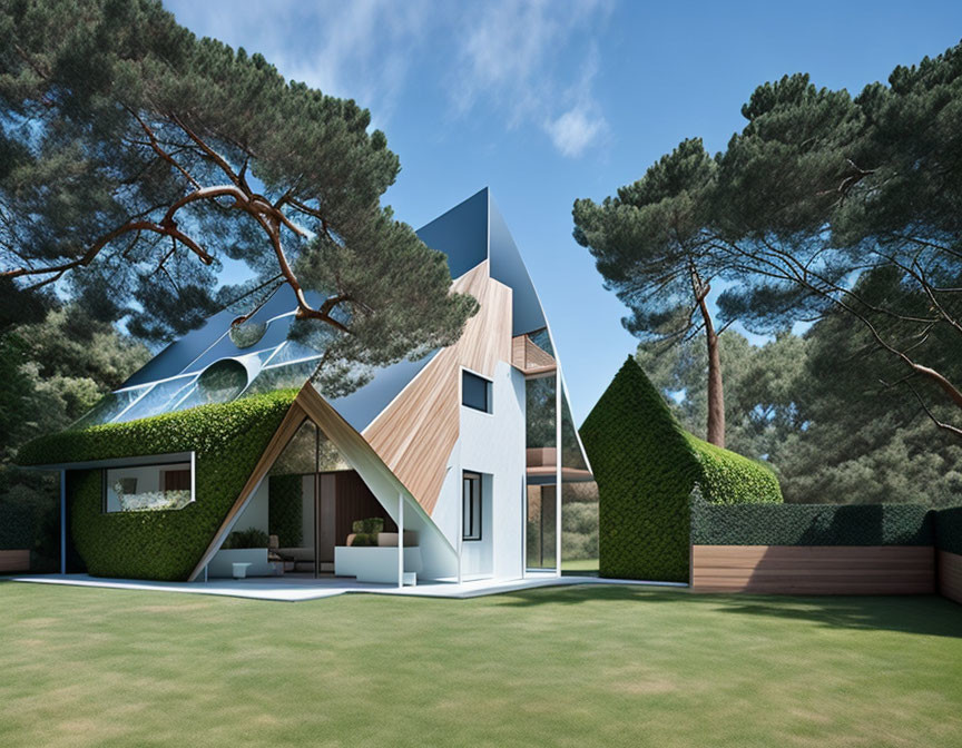 Geometric modern house with white walls, green roof, solar panels, pine trees, and lush lawn