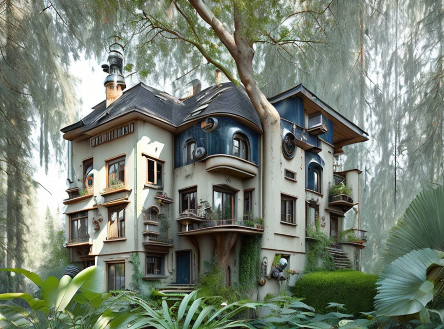 Unique Multi-Story House with Round Windows & Balconies in Forest Setting