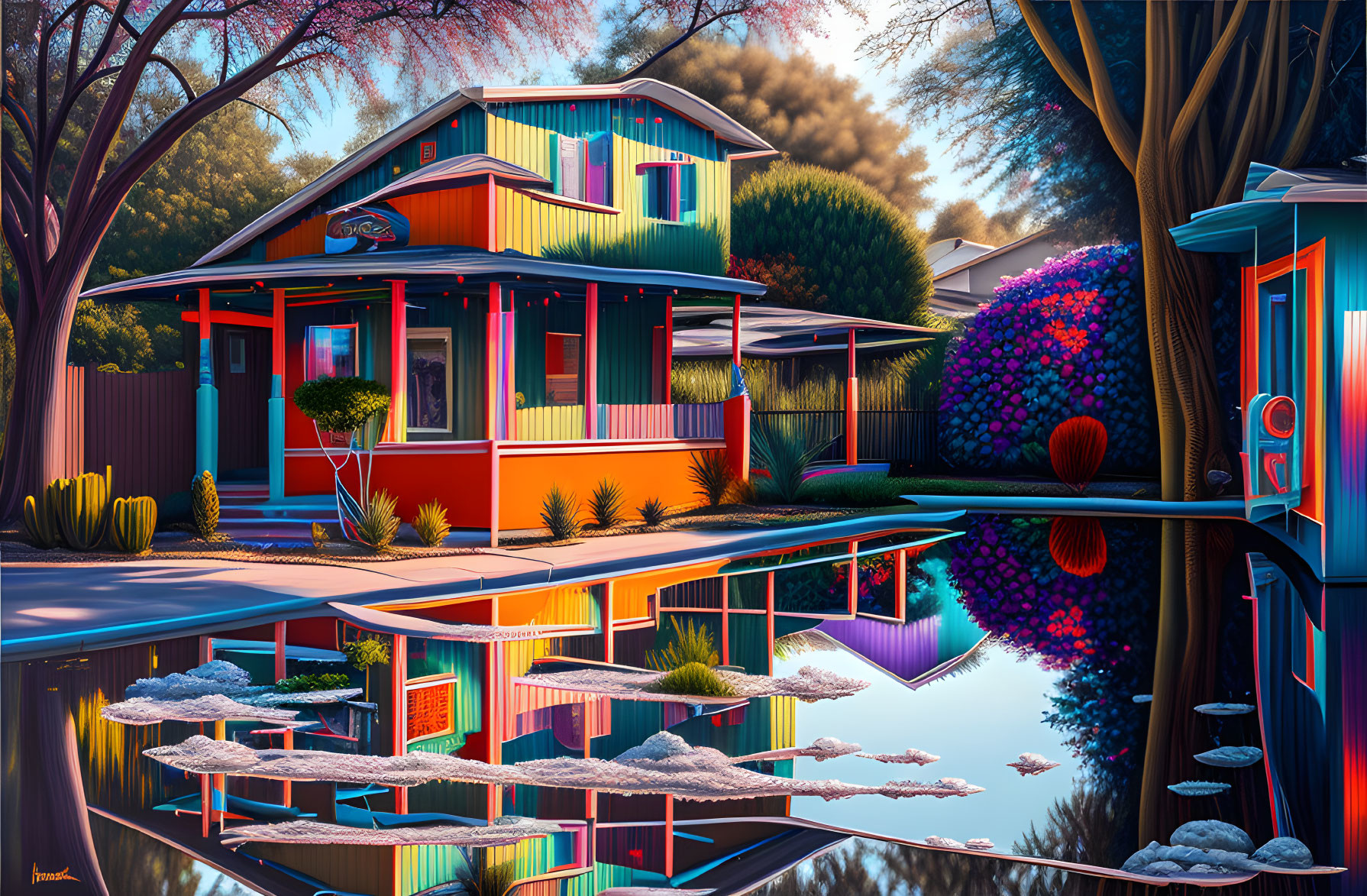 Vibrant garden and colorful house reflected in calm pond