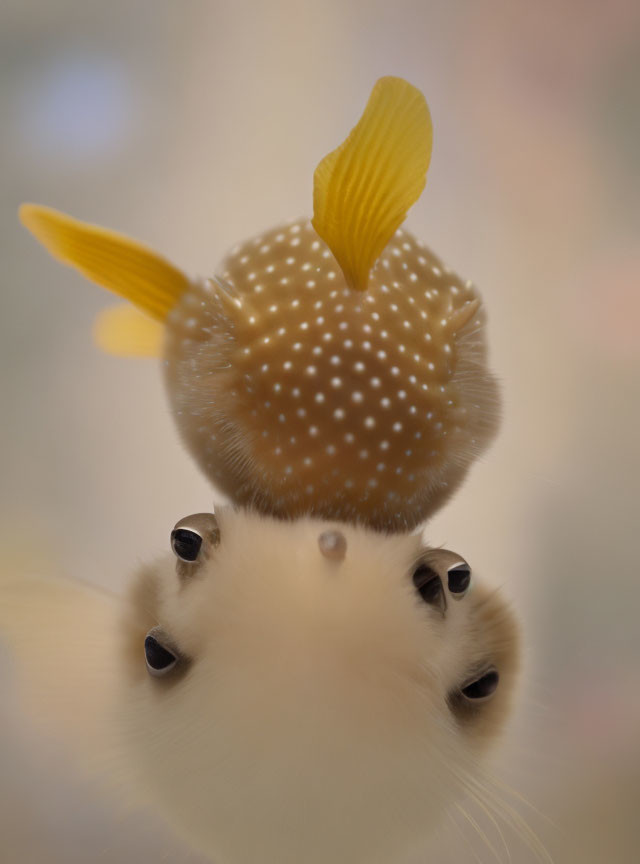 Fluffy white creature with black eyes and yellow leaf-like extensions