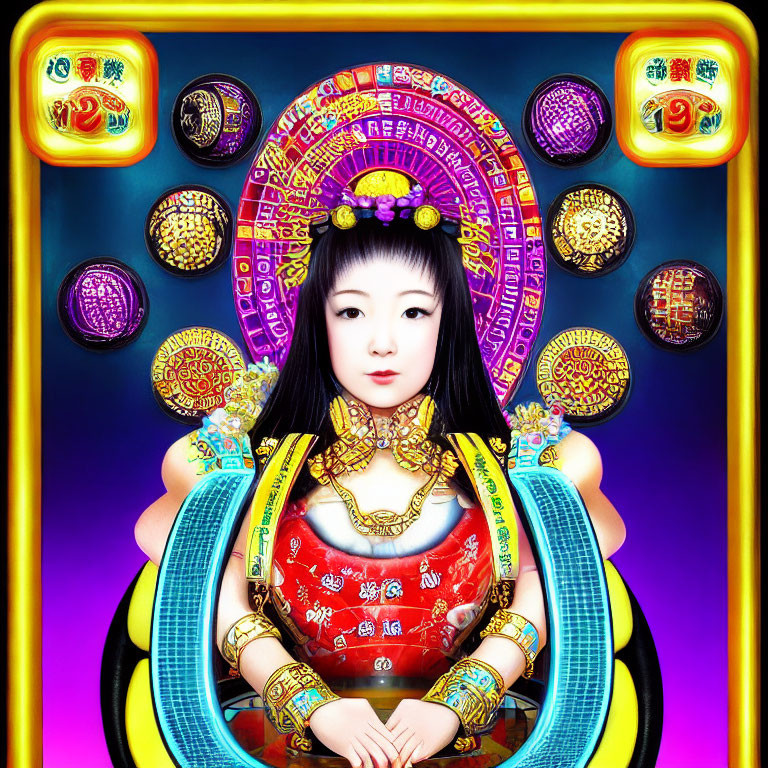 Vibrant East Asian-inspired female character in colorful setting