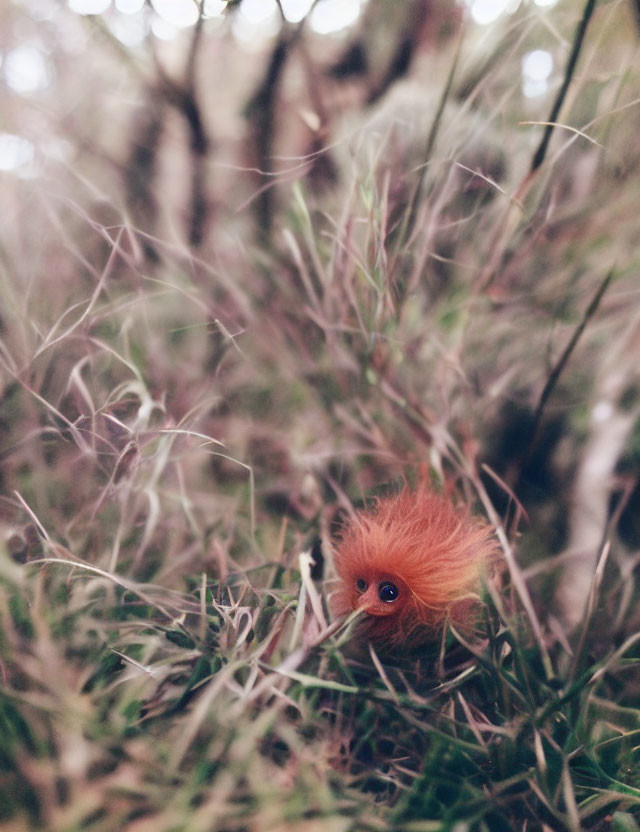 Fluffy orange creature with large eyes in grass and twigs