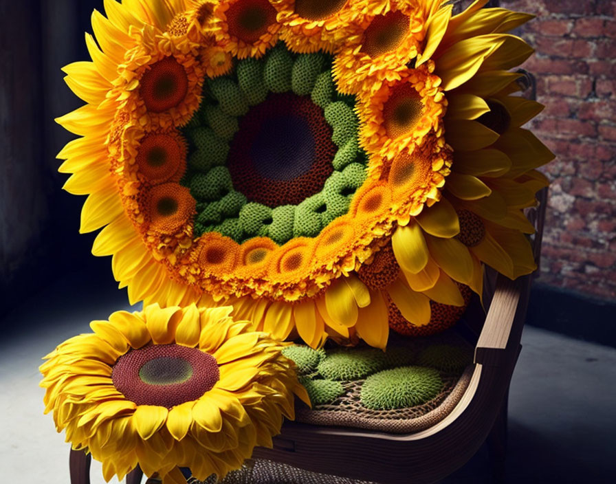 Circular Sunflower Arrangement on Chair with Varying Sizes