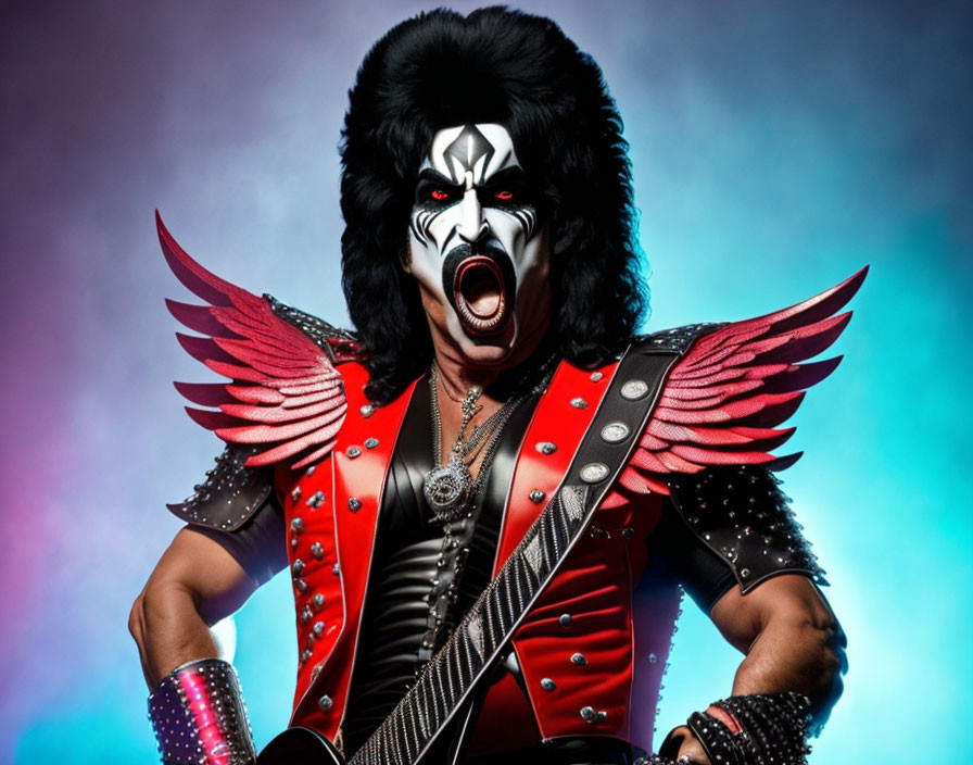 Man in elaborate stage makeup and spiked shoulder costume against colorful background