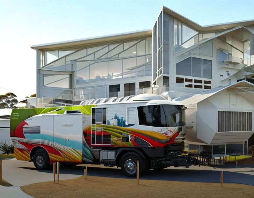 Vibrant modern motorhome by contemporary two-story house.