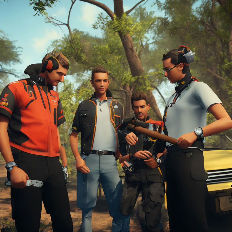 Four animated characters in outdoor gear standing in forest with map and vehicle