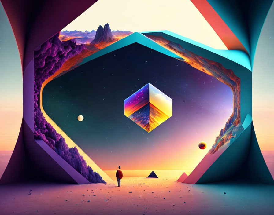 Person standing before surreal geometric portal with cosmic scene and floating cube