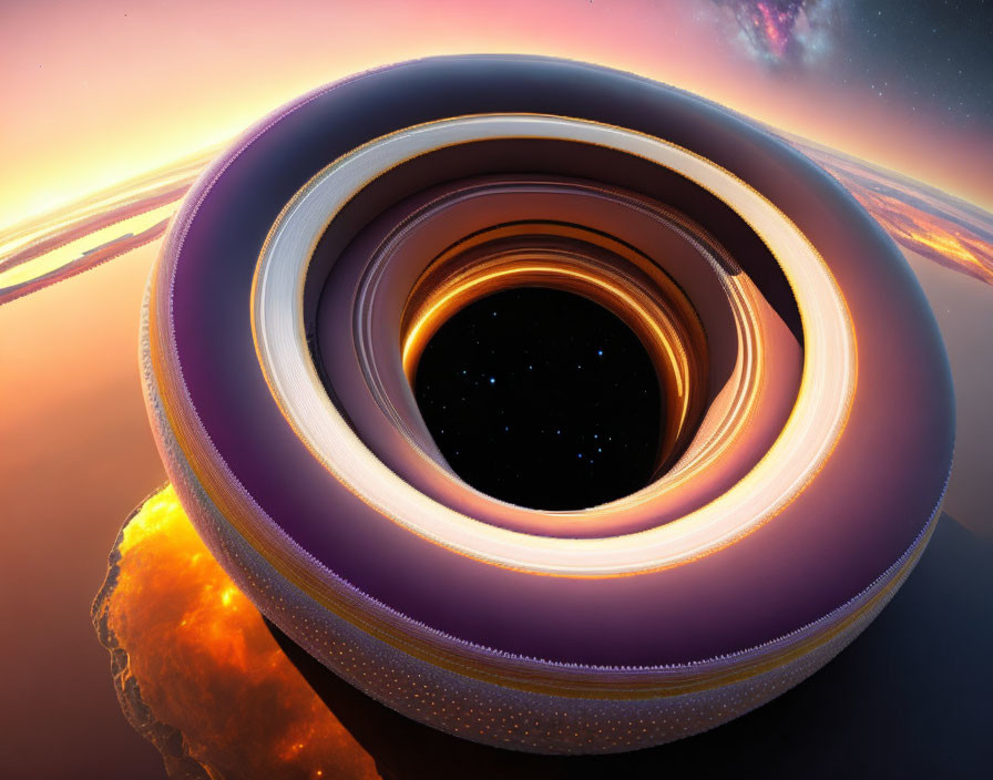 Circular surreal landscape with sunset sky and stars creating looped visual effect