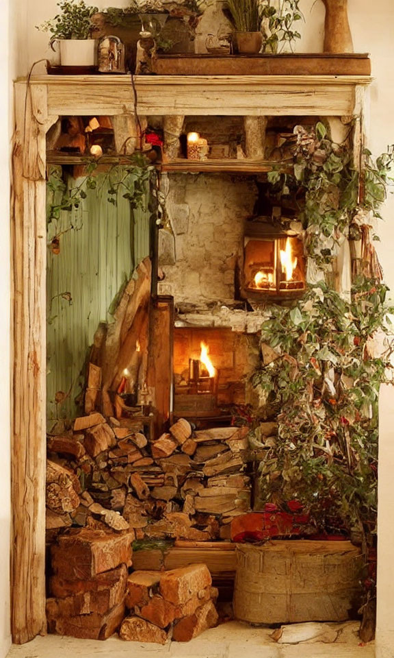 Cozy rustic fireplace with greenery, wood, lit fire, candles, and decor