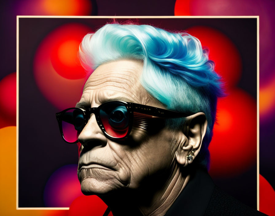 Elderly person with vibrant blue hair and sunglasses against colorful blurred circles