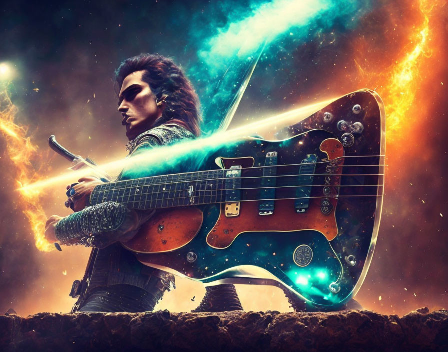 Person holding guitar-shaped spaceship in cosmic backdrop with swirling energy