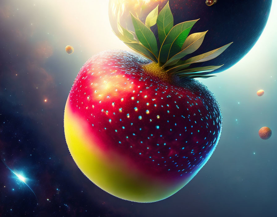 Colorful floating apple with pineapple top in cosmic space scene