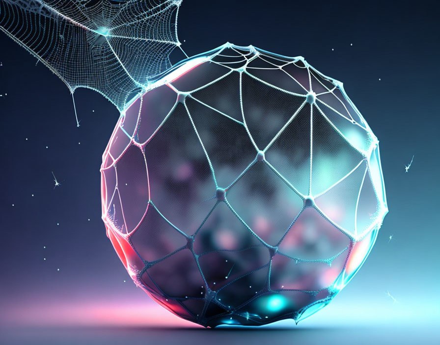 Glowing wireframe sphere with network pattern on dark background