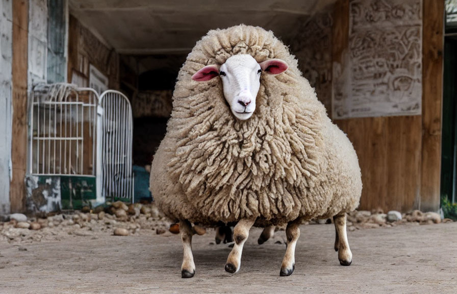 Wooly sheep in rustic stable entrance