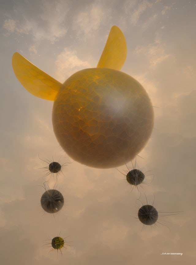 Golden sphere with translucent wings in cloudy sky, trailed by smaller black spheres.