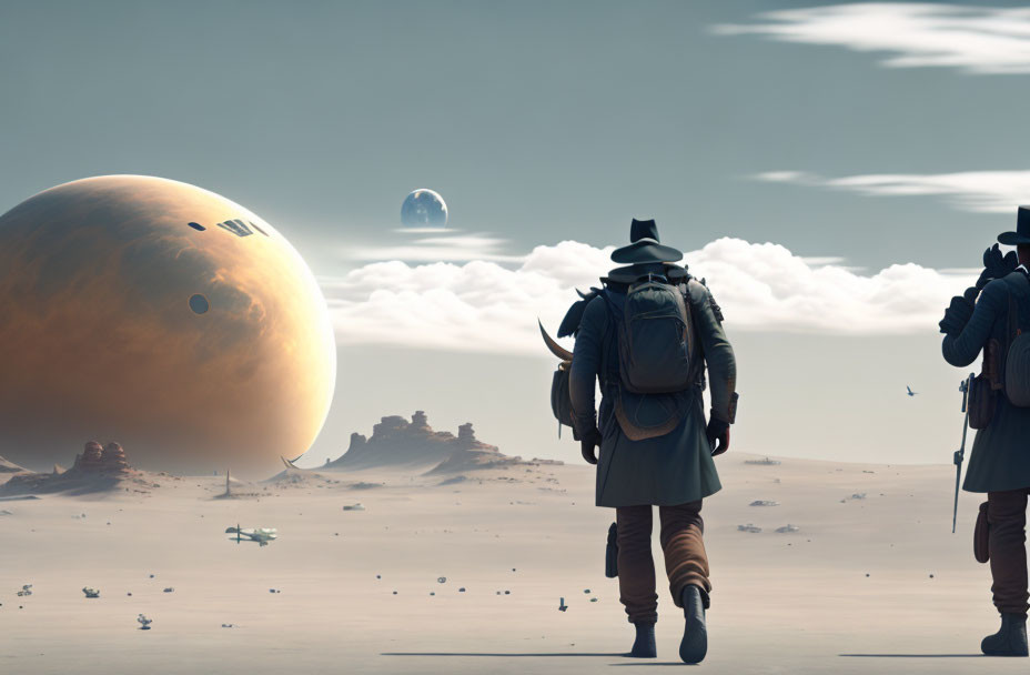 Explorers in futuristic gear traverse barren desert with giant alien planets.