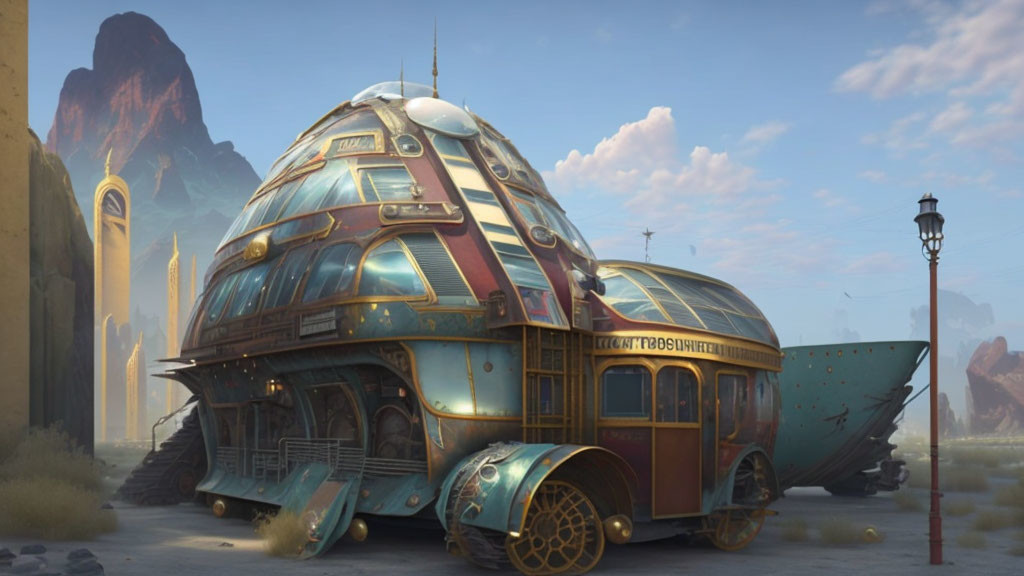 Steampunk-style building with dome rooftop in desert setting