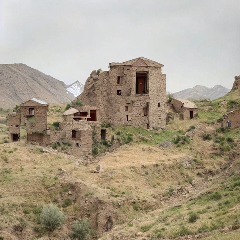 Rugged Landscape with Stone Houses and Snowy Mountains