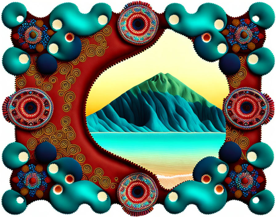 Surreal landscape with blue mountain, sea, and sunset framed by fractal mandala pattern