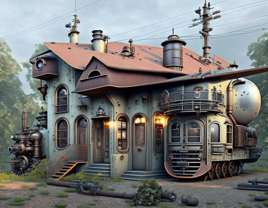 Steampunk-style house with train elements in forest setting