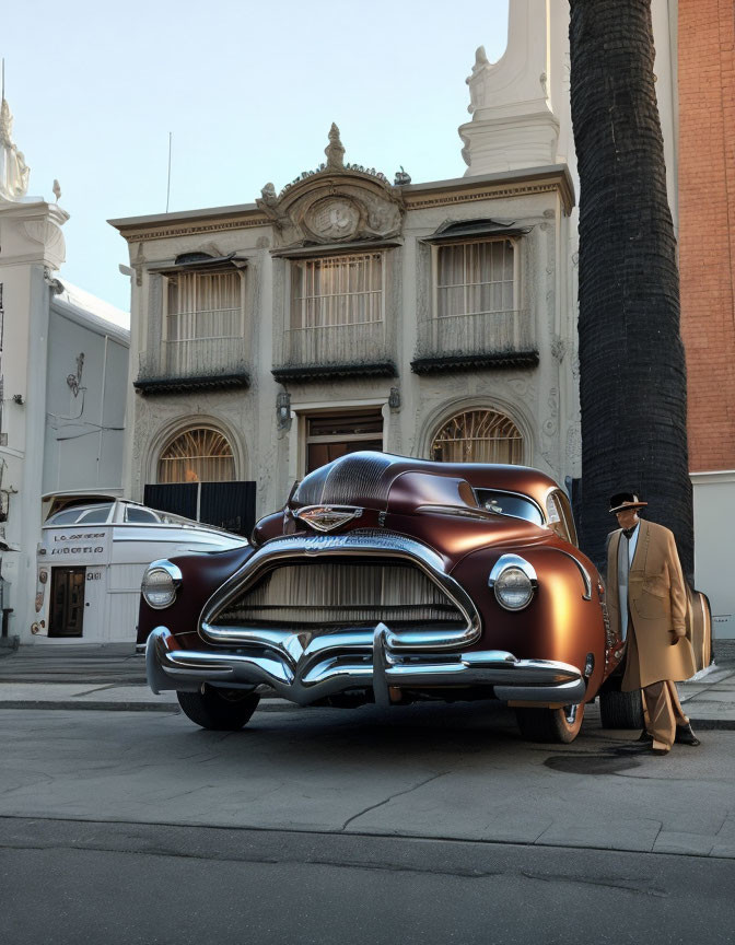 Vintage Car Parked Next to Classic Building with Man in Trench Coat